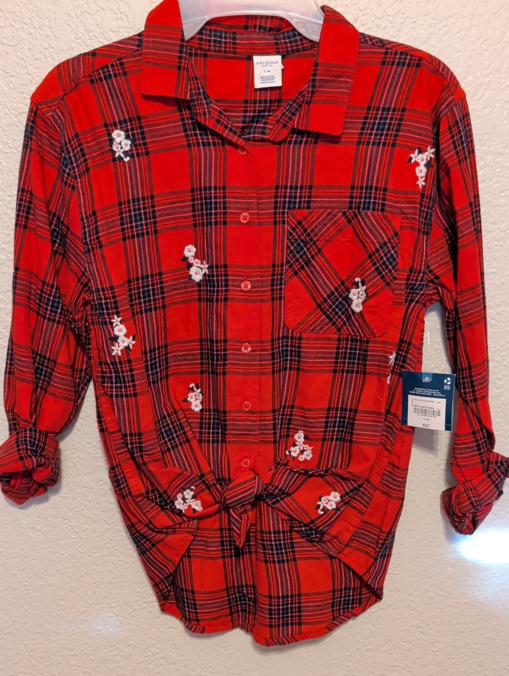Arizona Jean Company Red Plaid Button-Front Shirt with White Floral Embroidery